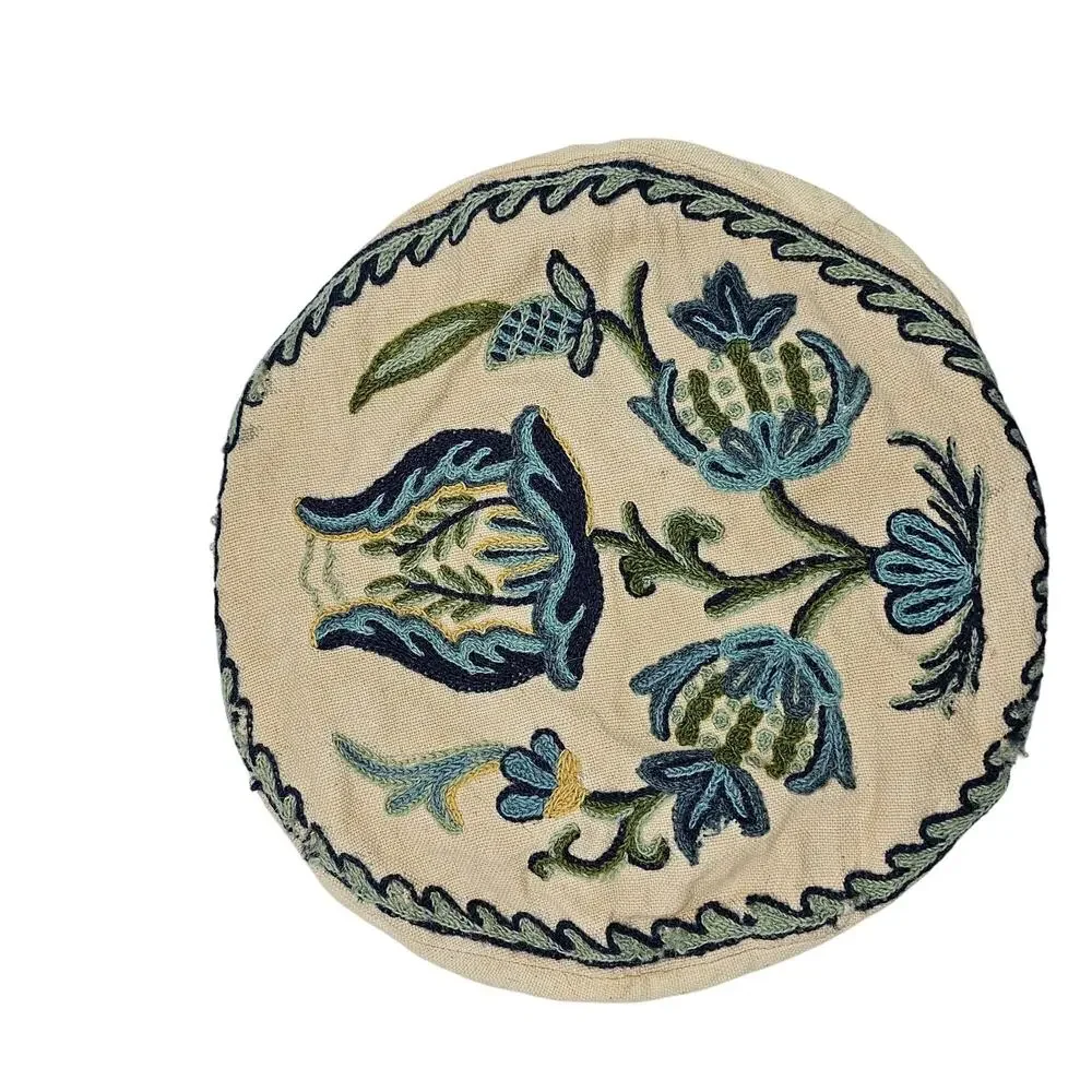 Vintage Crewel Embroidered Pillow Cover Round 12